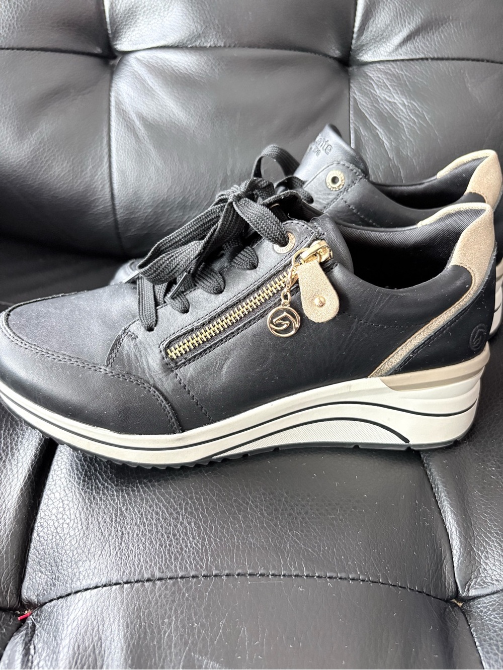 Remonte Black Leather Wedge Sneakers with Gold Zip and Cream Accents